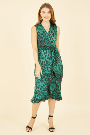 Green Animal Print Satin Wrap Midi Dress Mela London